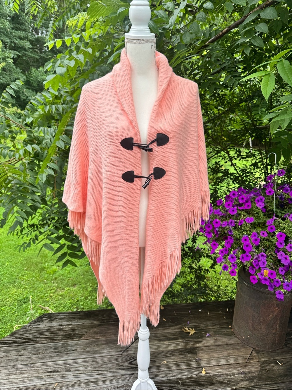Soft Peach Knit Cape Poncho Wrap Fringe Trim Toggle Front Cozy OS